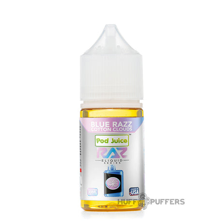 pod juice x raz salt blue razz cotton clouds 30ml e-juice bottle