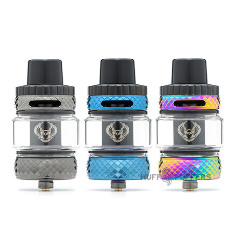 horizon sakerz master sub ohm tank in rainbow, blue, and gunmetal