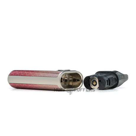 smok novo 4 mini pod kit in prism silver red cobra laying down view of pod and device